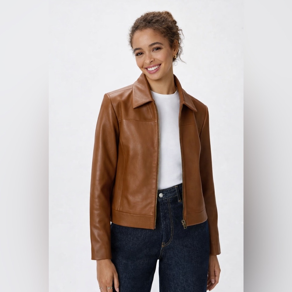 Quince‎ Women 100% Leather Cropped Zip-Front Jacket Brown M
